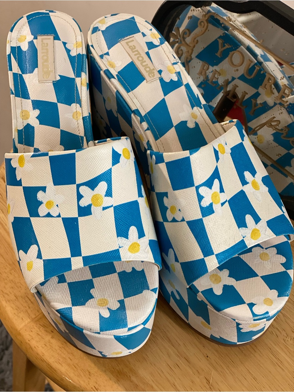 Larroude Blue, White & Yellow Daisy Check Platform Sandals